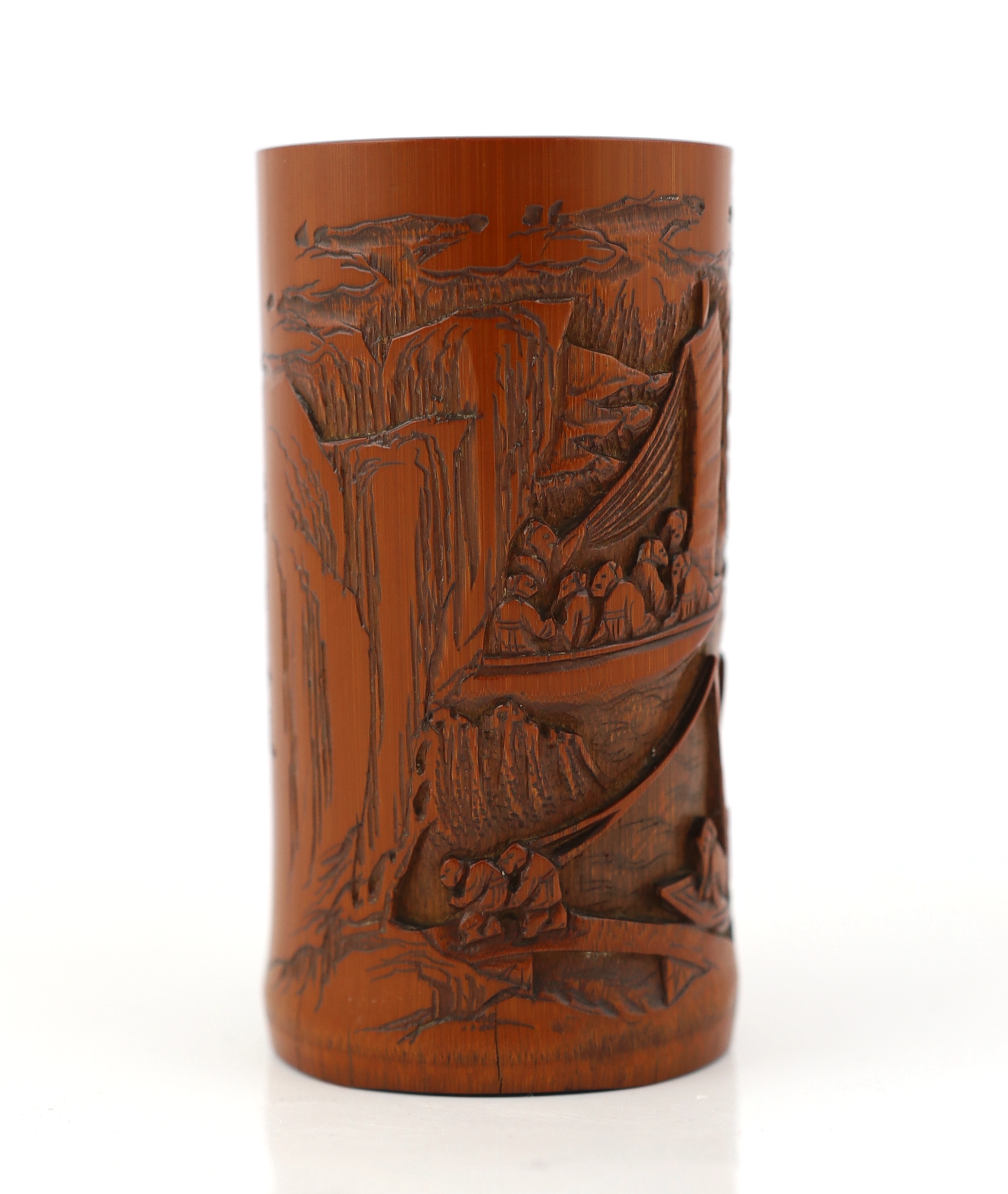 A Chinese bamboo 'river landscape' inscribed brushpot, bitong, 19th century